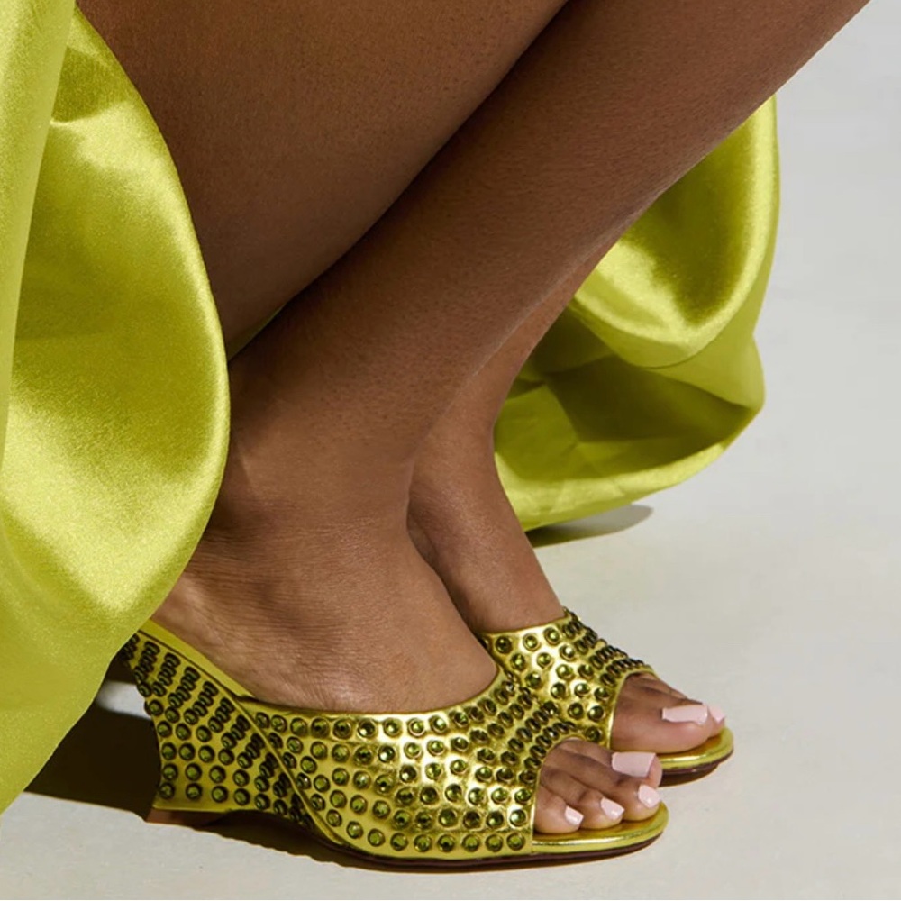 Azalea Wang Chartreuse Metallic Neon Green Crystal Studded Women's Heels Mules